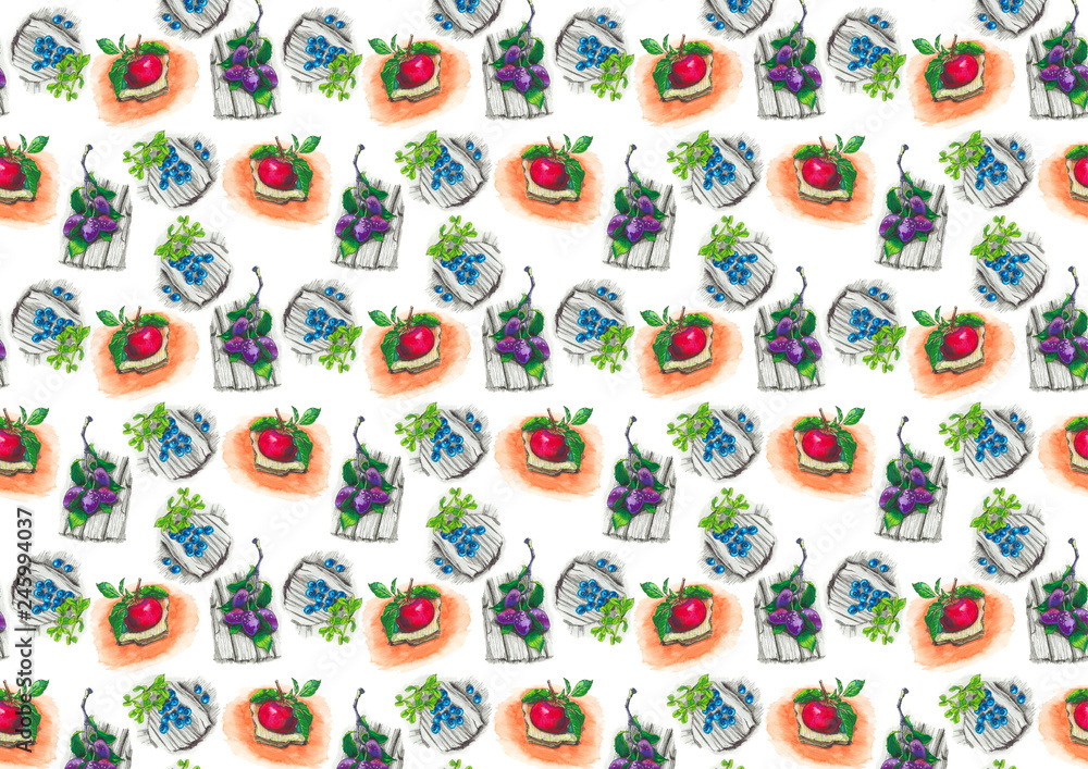 Hand drawn fruits and berries background. Garden wallpaper.