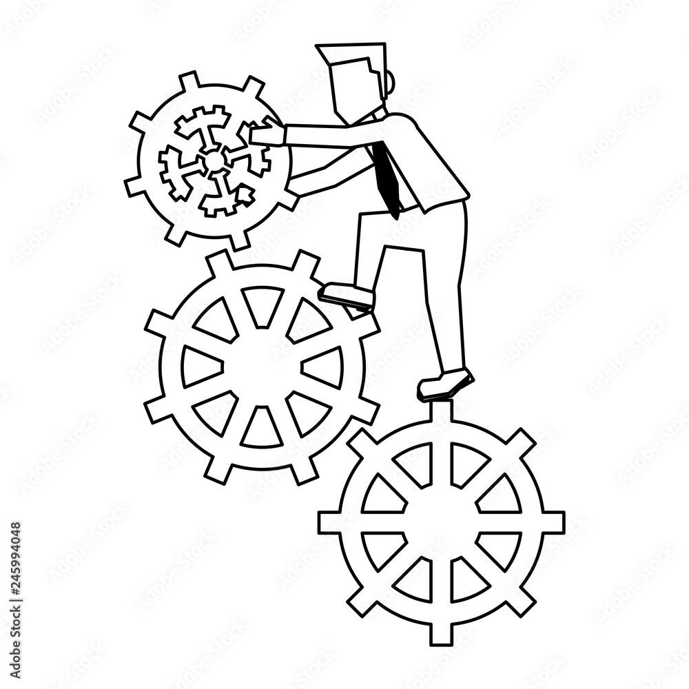 businessman on gears black and white businessman on gears black and white