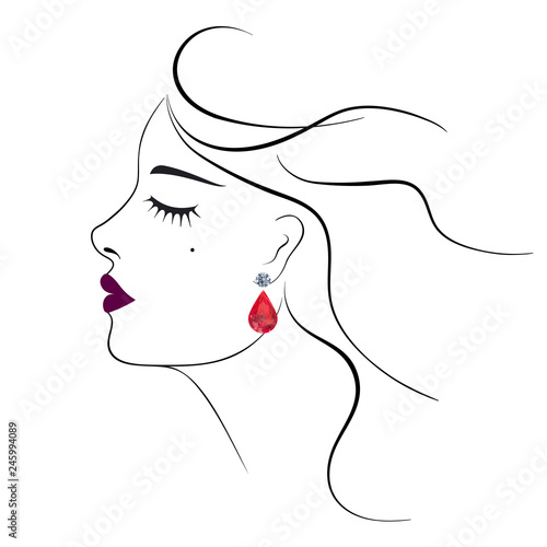 Beautiful woman with diamond earring and closed eyes fashion illustration. Contour sketch vector on white background. EPS 10.