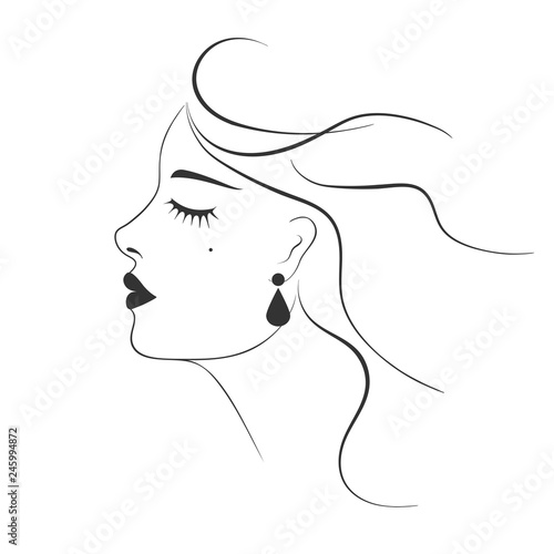 Beautiful woman with jewelry earring and closed eyes fashion illustration. Contour sketch black&white simple drawing. Vector EPS 10.