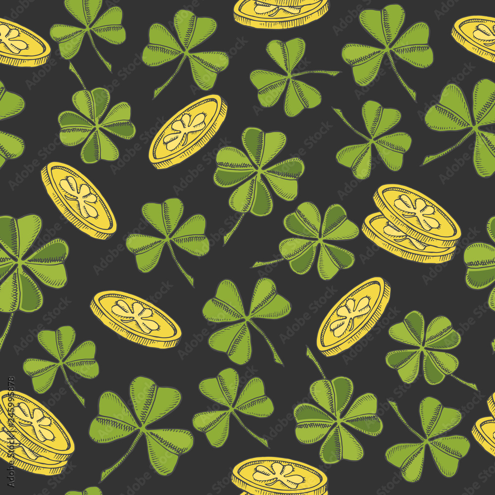 St.Patrick's day seamless pattern with clover leaves and golden