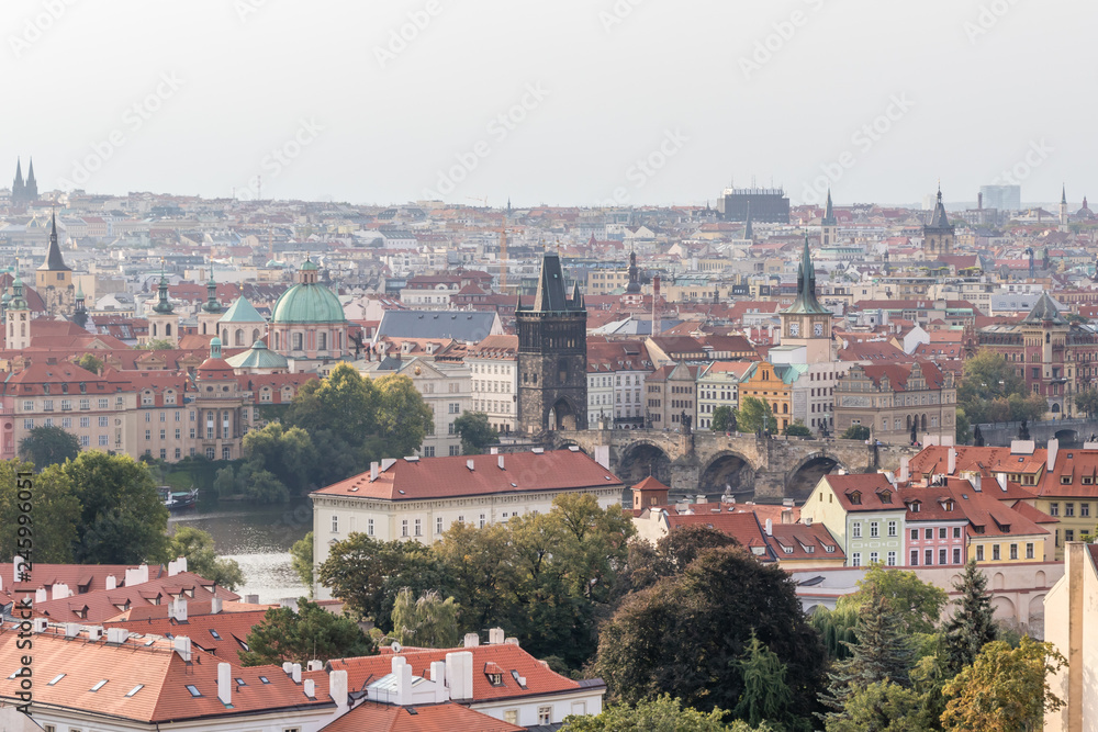 Beautiful view of Old Town Tower of Charles Bridge and of the historical center of Prague, Czech Republic