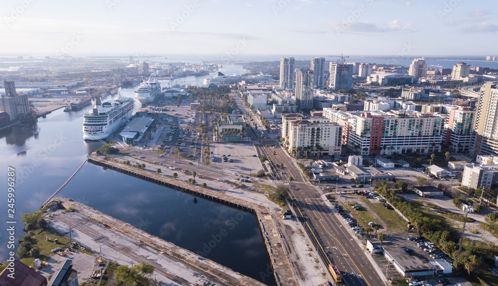 Aerial view of cruise port and downtown area in Tampa, Florida.