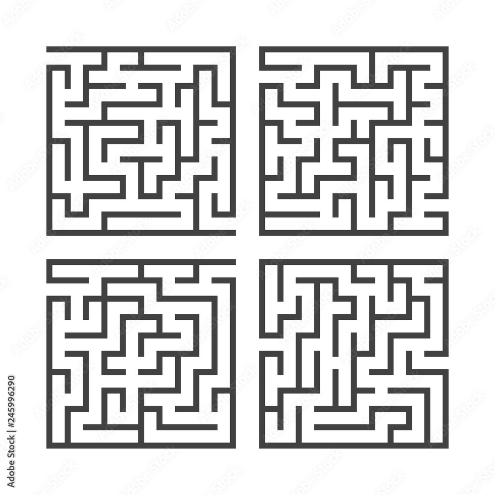 Set of black square mazes. Game for kids. Puzzle for children. One entrances, one exit. Labyrinth conundrum. Flat vector illustration isolated on white background.