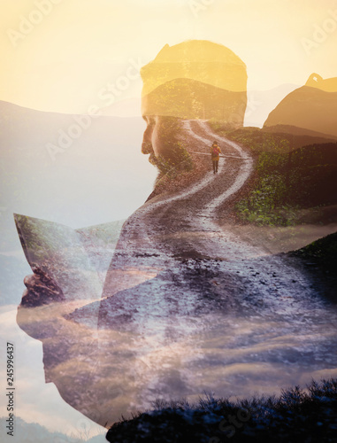 Double exposure with bearded traveler, road and mountain. Metaphor of travel.