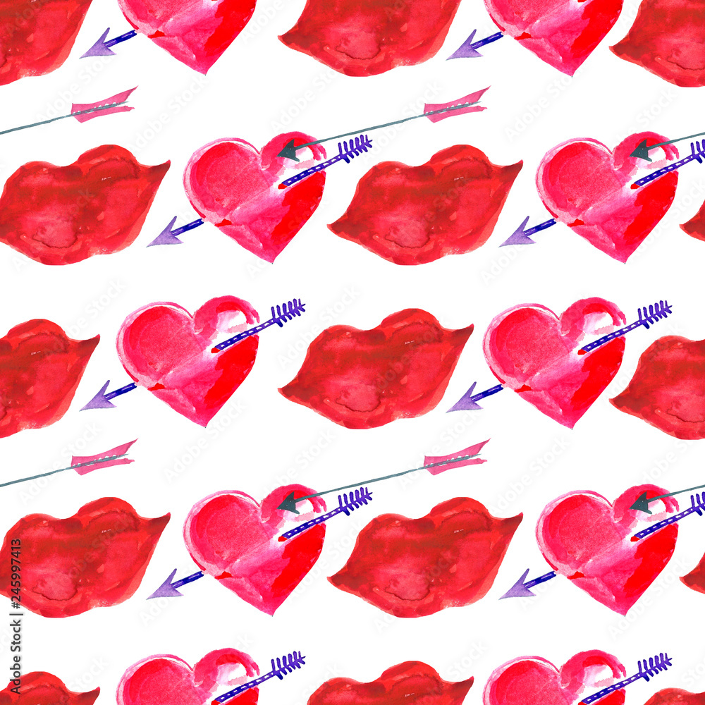 Fototapeta premium Watercolor seamless pattern. Hand painted Valentine's Day background with red hearts, lips and arrows.