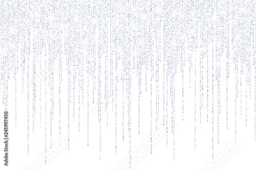 Vector falling in lines silver glitter confetti dots rain. Garland lights isolated on white background. Sparkling glitter border, party tinsels shimmer, holiday background design, festive frame