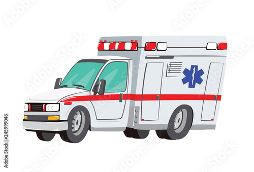 Vector illustration ambulance car on white background. Ambulance auto paramedic emergency. Ambulance vehicle medical evacuation. Cartoon ambulance silhouette on blue
