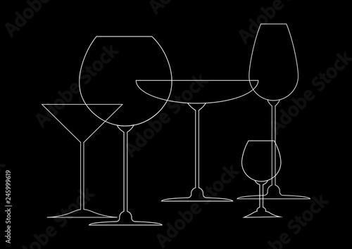 abstract drink background. white outline of wine glasses on a black background