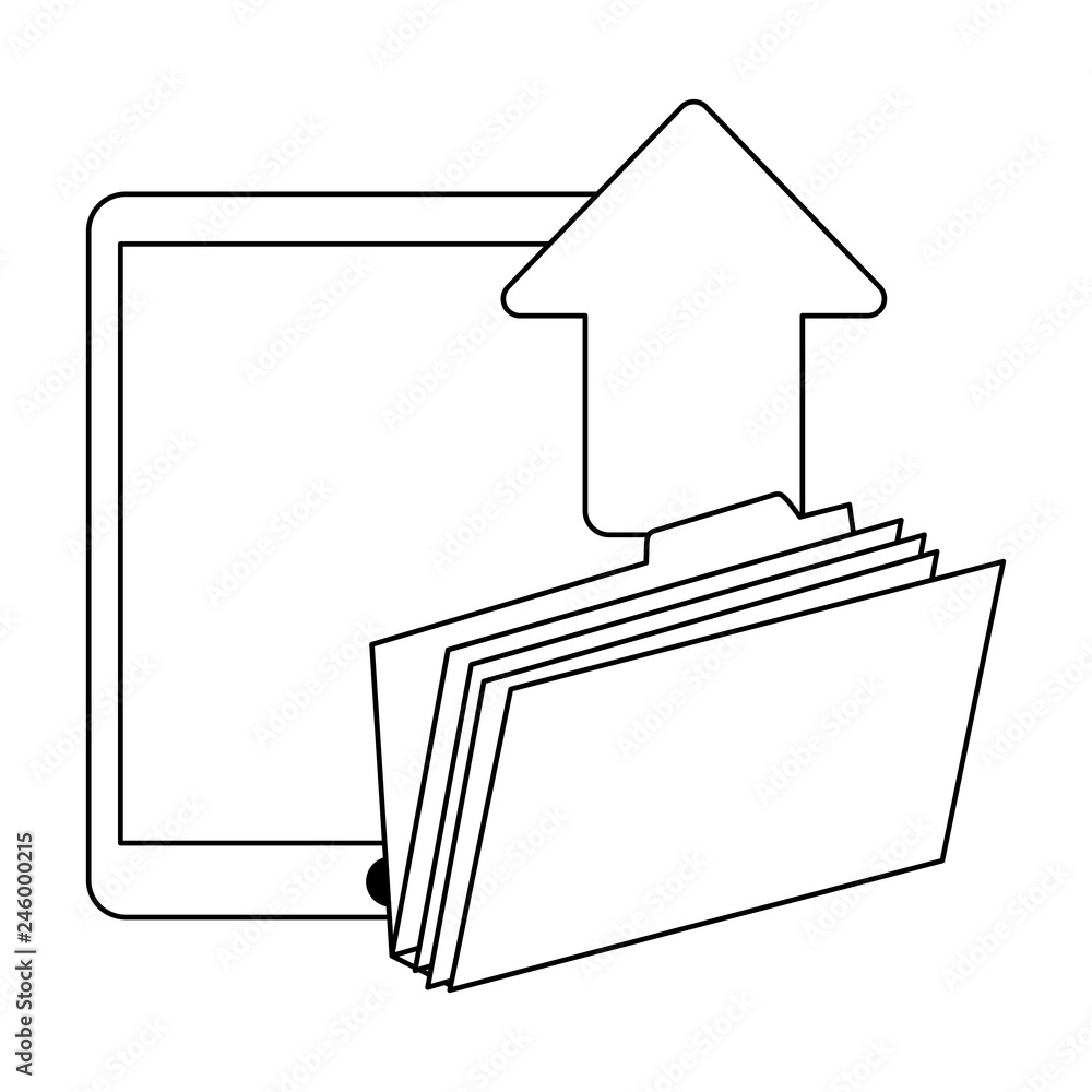 tablet uploading folder with document black and white tablet uploading folder with document black and white