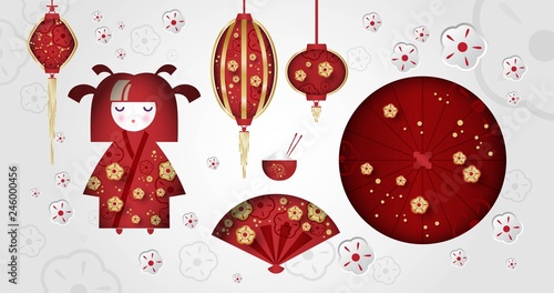 Set of Japanese girl, Kokeshi doll, fan, umbrella, Japanese lanterns, cup with rice and sticks