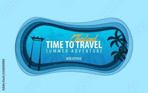 Thailand banner. Time to travel. Paper cut and craft style. Vector illustration