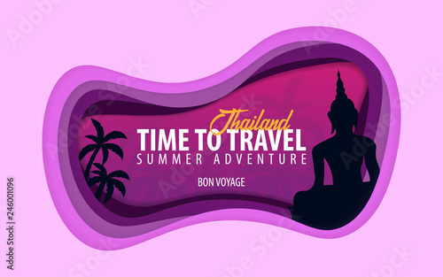 Thailand banner. Time to travel. Paper cut and craft style. Vector illustration