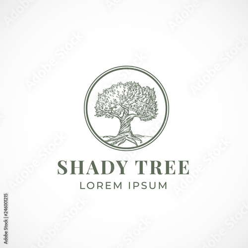 Shady Tree Abstract Vector Sign, Symbol or Logo Template. Hand Drawn Tree Sketch Sillhouette in a Circle with Retro Typography. Vintage Emblem.