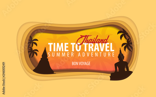 Thailand banner. Time to travel. Paper cut and craft style. Vector illustration