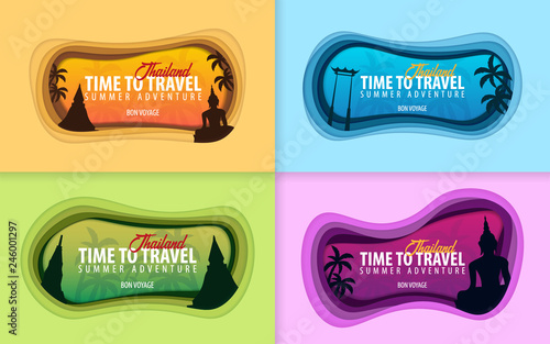 Set of Thailand banners. Time to travel. Paper cut and craft style. Vector illustration