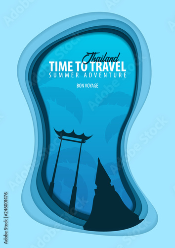 Thailand banner. Time to travel. Paper cut and craft style. Vector illustration