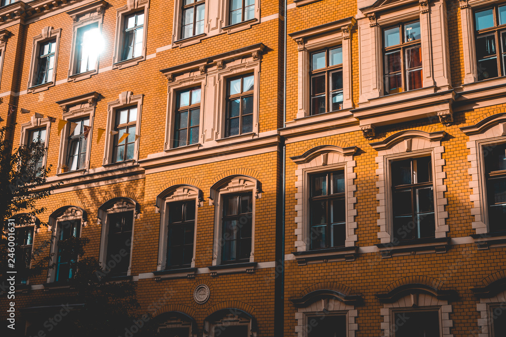 Elegant brick facade of urban townhouses