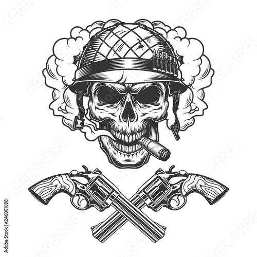 Vintage monochrome soldier skull smoking cigar