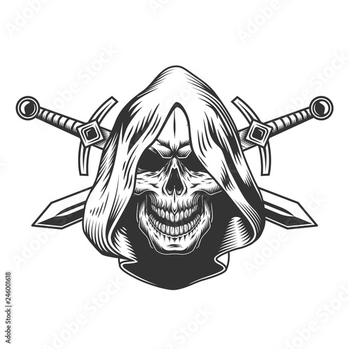 Vintage monochrome skull in hood