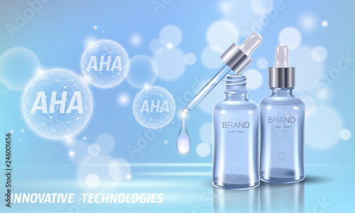 Fruit acid beauty salon peeling. Glass bottle droplet pipette AHA glycolic lactic acids exfoliant anti-aging rejuvenation serum. Medical skin treatment low poly polygonal vector illustration