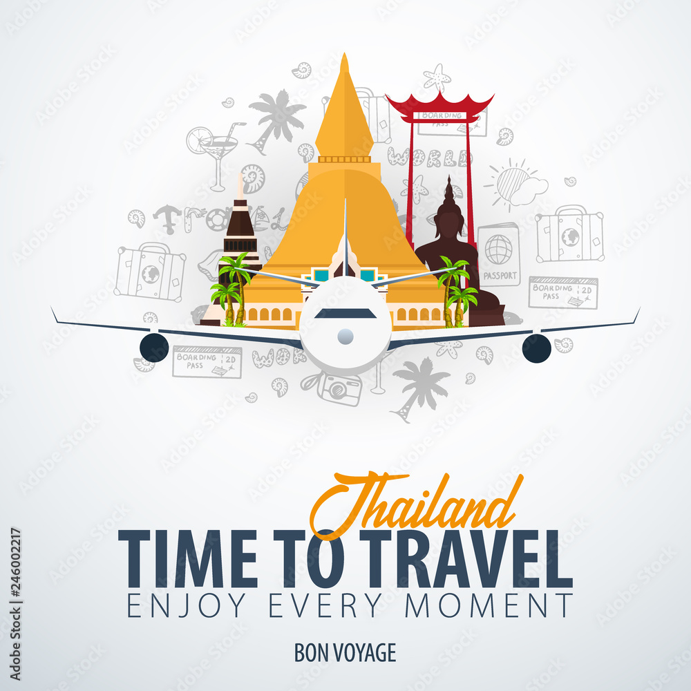 Thailand. Time to Travel. Banner with airplane and doodle elements on background. Vector illustration