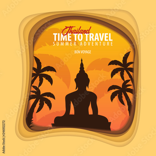 Thailand banner. Time to travel. Paper cut and craft style. Vector illustration