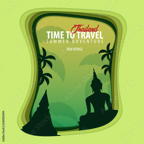 Thailand banner. Time to travel. Paper cut and craft style. Vector illustration