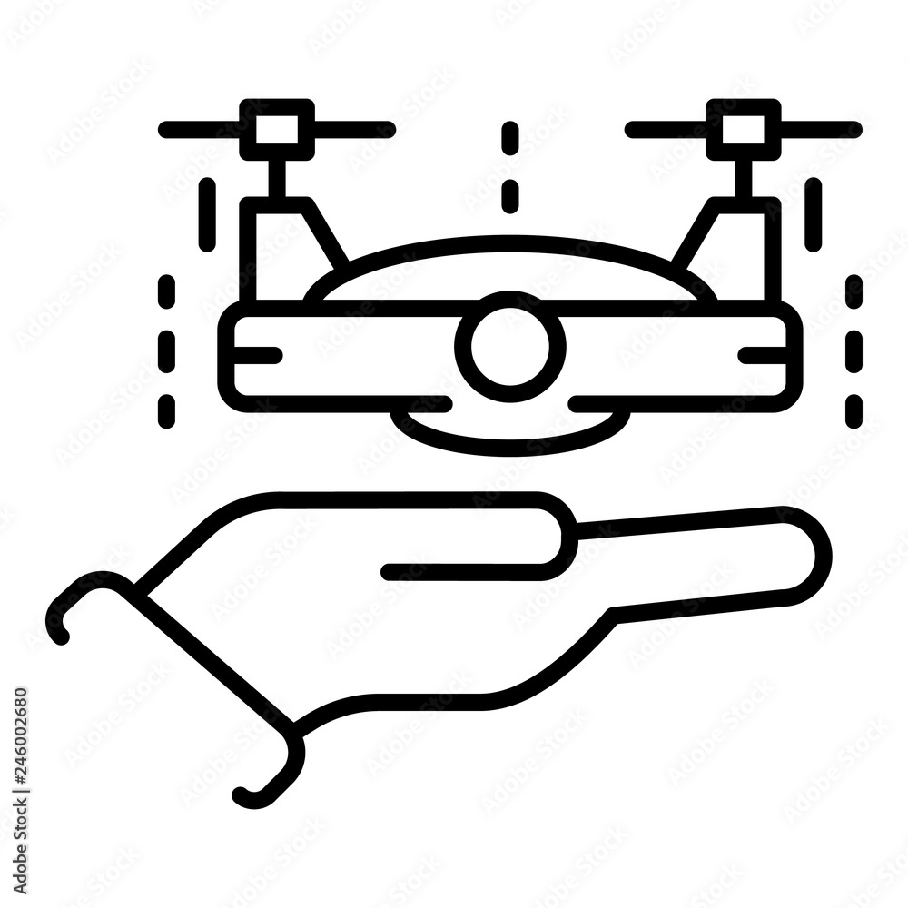 Drone on hand icon. Outline drone on hand vector icon for web design isolated on white background Drone on hand icon. Outline drone on hand vector icon for web design isolated on white background
