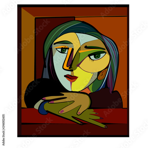 Colorful abstract background, cubism art style, thinking woman photo