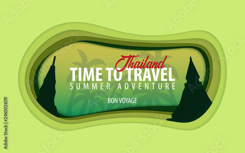 Thailand banner. Time to travel. Paper cut and craft style. Vector illustration