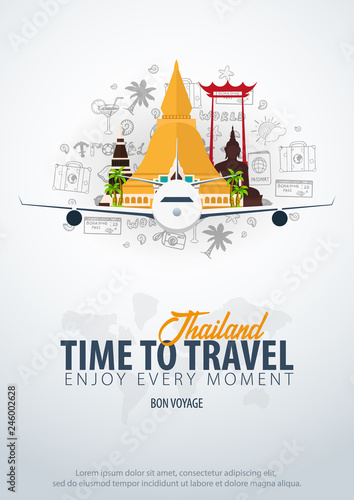 Thailand. Time to Travel. Banner with airplane and doodle elements on background. Vector illustration