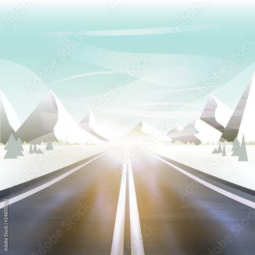 Winter snowy road landscape with mountains pines and hills. vector illustration background