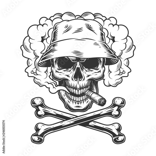 Skull in panama hat smoking cigar