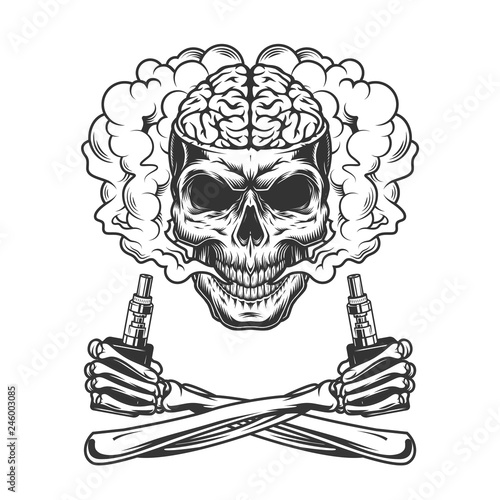 Vintage skull with human brain