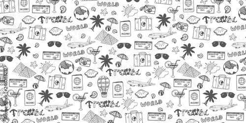 Travel hand-draw doodle backround. Tourism and summer sketch with travelling elements. Vector illustration