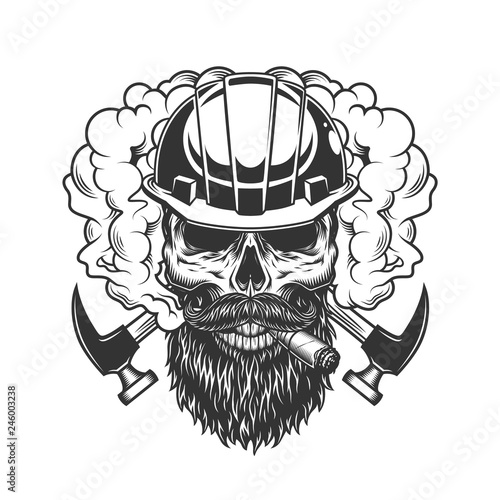 Vintage monochrome builder skull in smoke