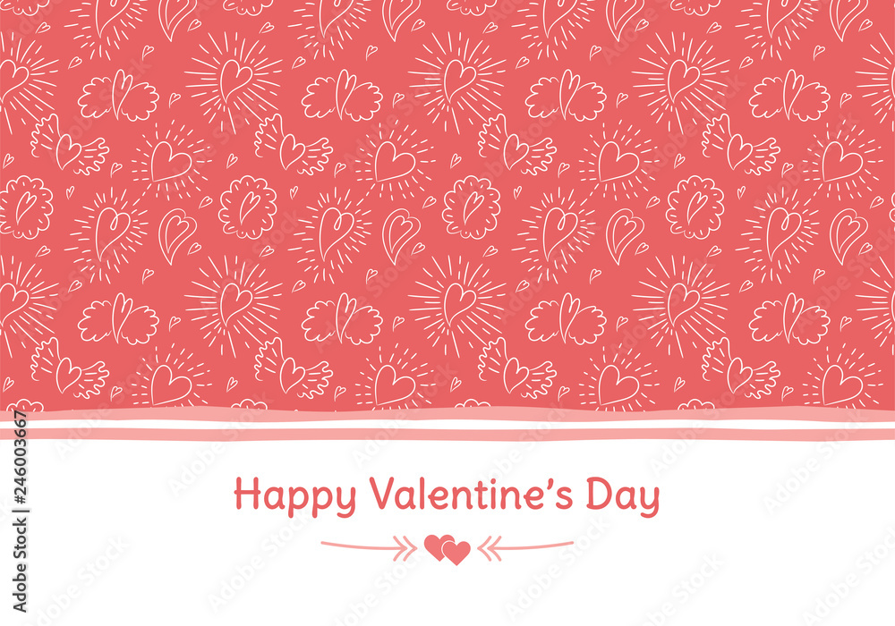 Happy Valentine's Day banner. Greeting card. Love. Coral color. Hand drawn hearts and wings. Design for February 14