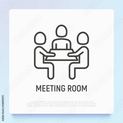 Meeting room thin line icon: group of people at training. Modern vector illustration.