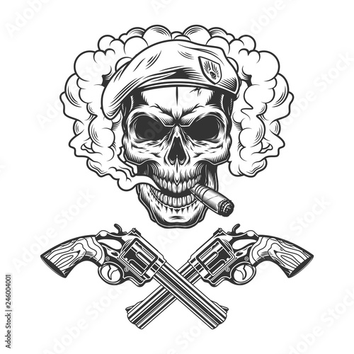 Vintage monochrome soldier skull wearing beret