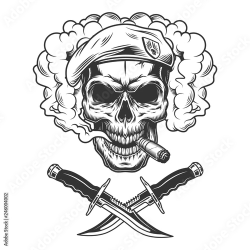 Vintage skull in navy seal beret