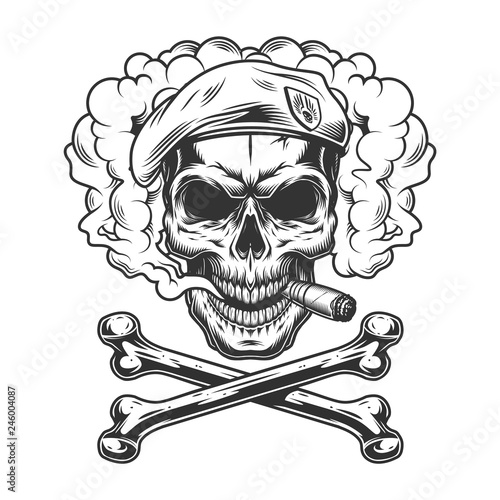 Navy seal skull wearing beret and smoking cigar