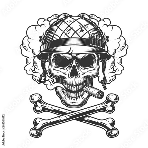 Vintage monochrome skull wearing soldier helmet