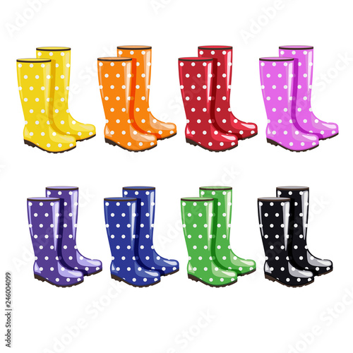 Collection of 8 colorful rubber boots with polka dot ornament. Wellington boots on white background.