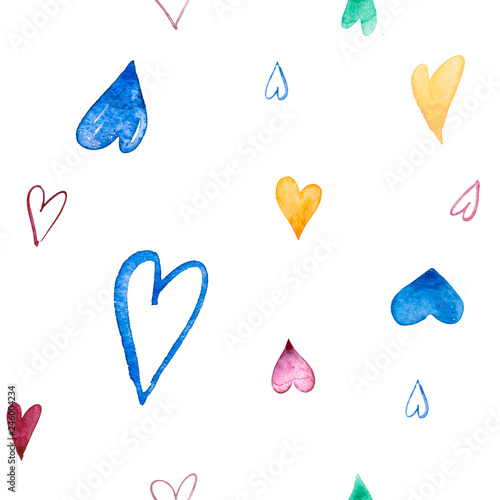 Samless pattern with hand painted watercolor hearts on white background. Perfect for romantic occasions such as Valentine's day. Perfect for Wear Fashion Design photo