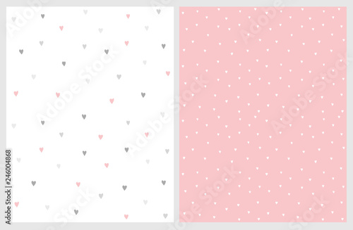Lovely Hand Drawn Irregular Hearts Patterns. Pink and Gray Hearts on a White Background. Gray and White Ones on a Pink. Infantile Style Abstract Art. Cute Repeatable Design. Delicate Nursery Layouts.