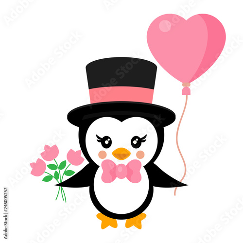 valentines day cartoon penguin with hat and tie and lovely balloon with flowers