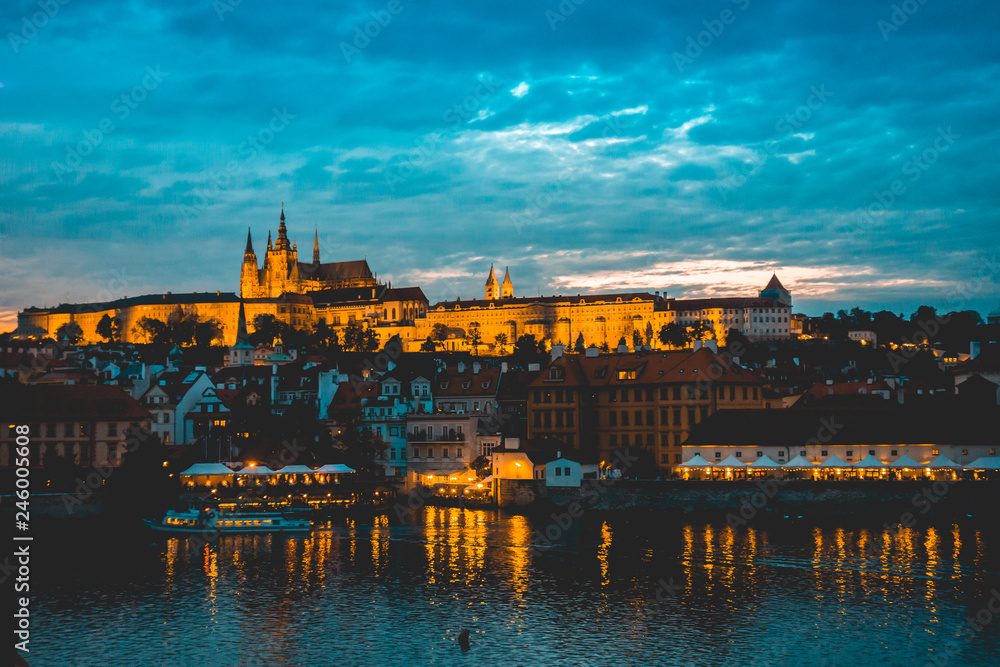 Prague and River Vitava illuminated at night