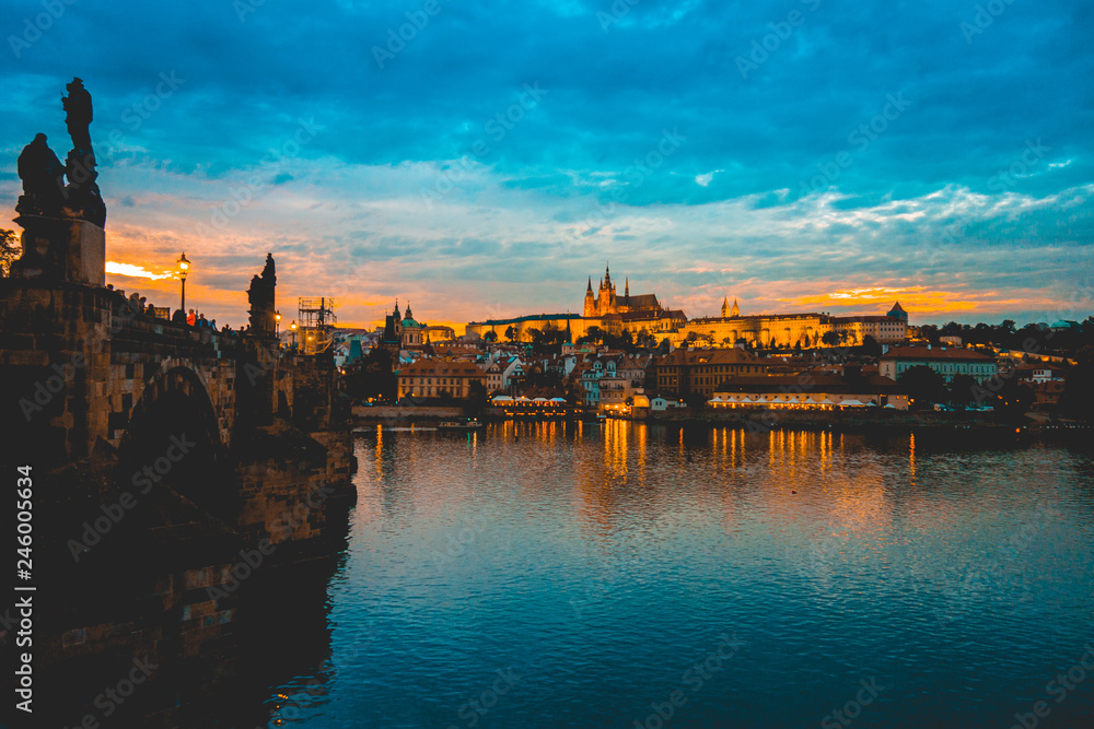 The Charles bridge and city of Prague