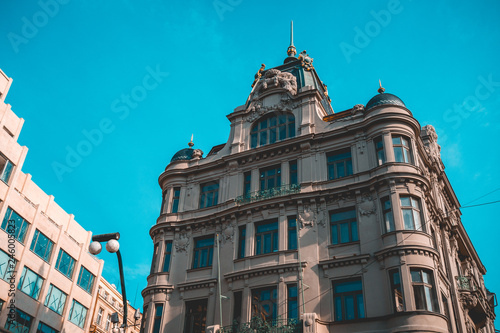Historic European building facade and blue sky